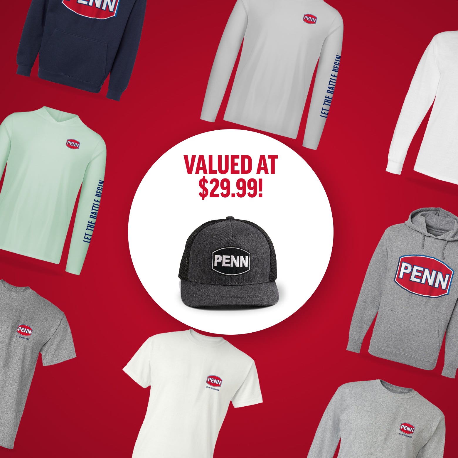 Flat lay of various shirts, sweatshirts, and sun shirts arranged neatly with a 'Gift With Purchase: Free Hat' message subtly integrated into the layout.